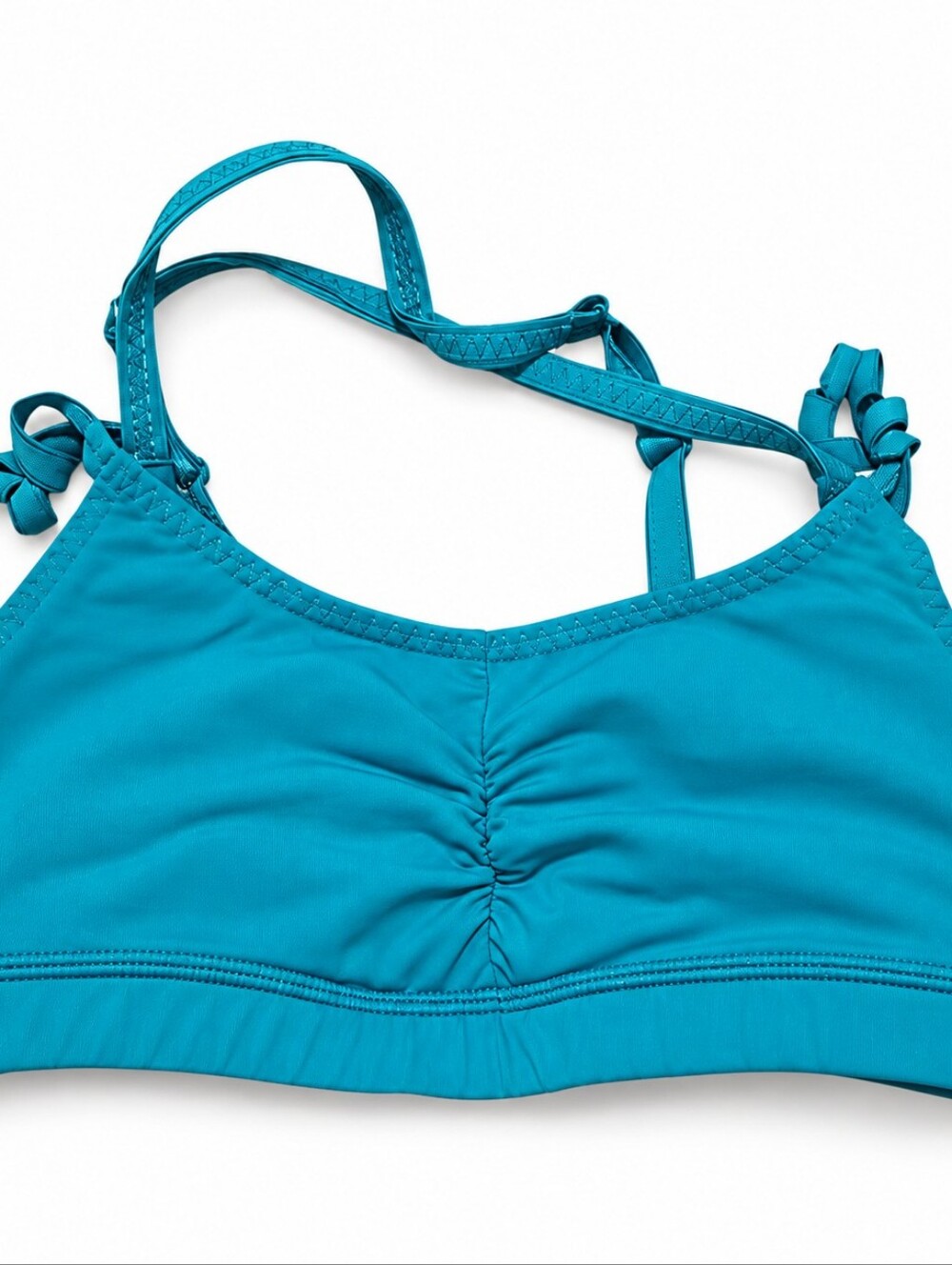 Lululemon Women's Teal Blue Strappy Sports Bra Ruched Front Yoga Athletic Top